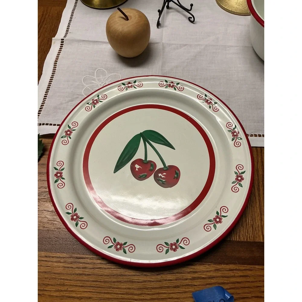 Vintage Enamelware Cherry‎ Plate and Bowl Set White Red Farmhouse Kitchen Decor